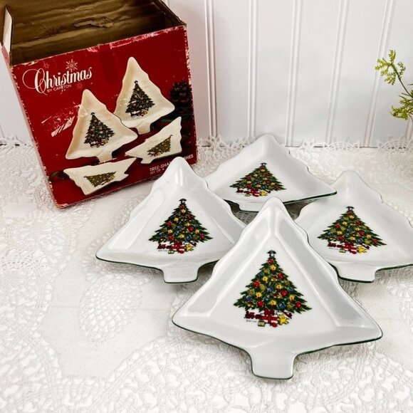 Vintage Christmas By Carlton Set of 4 Tree Shaped Dishes Mount Clemens Pottery - Picture 2 of 11